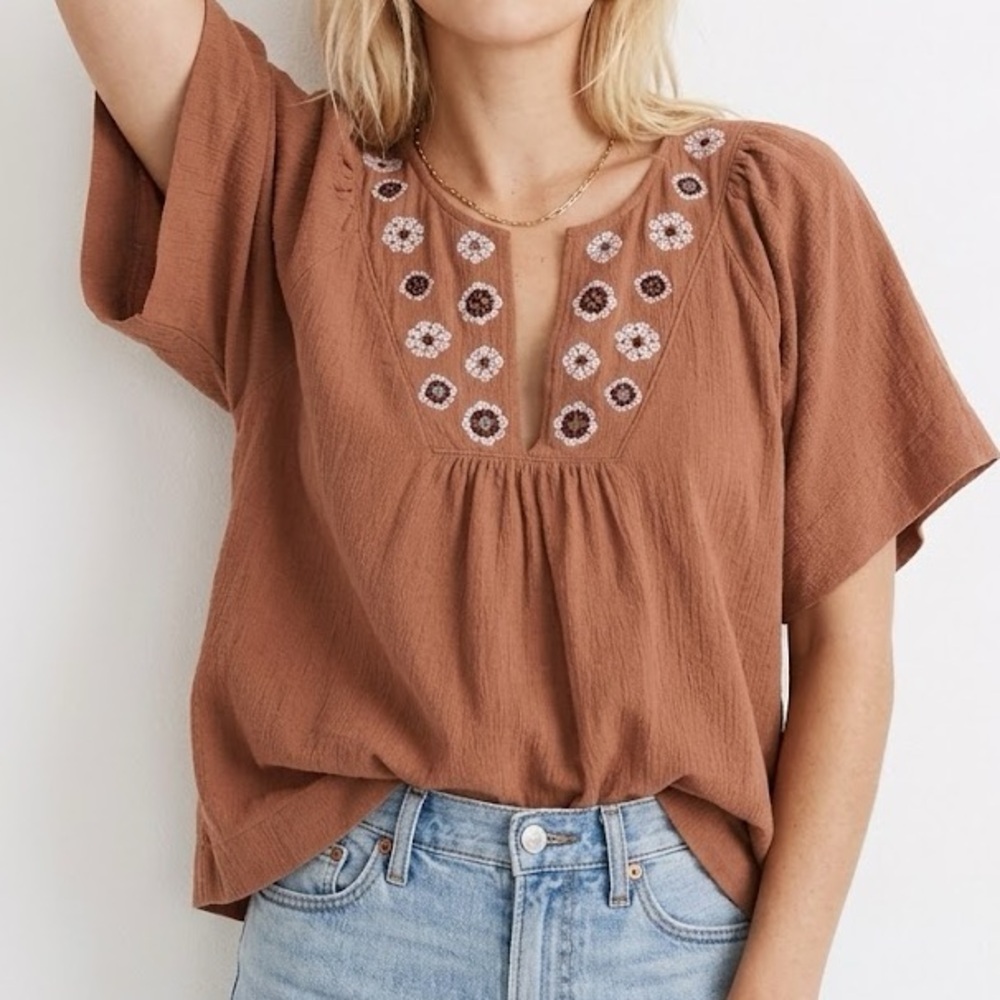 Madewell Rust Brown Embroidered Split-Neck Peasant Blouse
